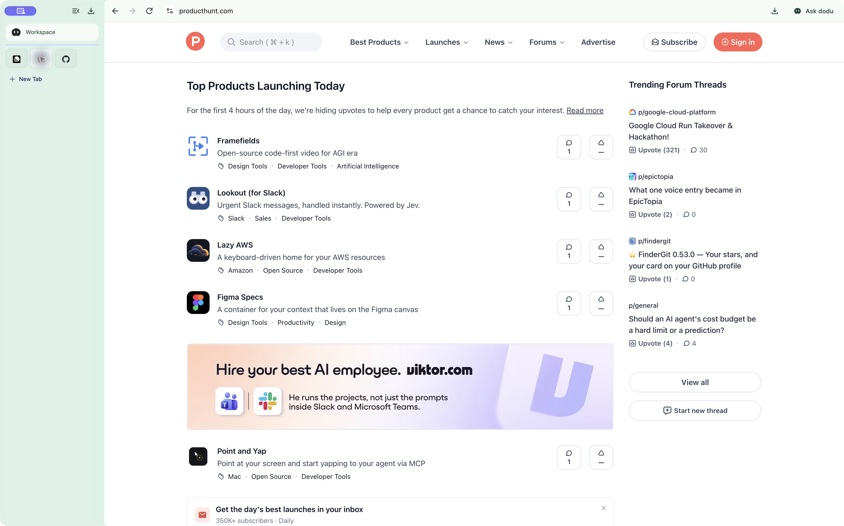 The complete dodu browser with real Product Hunt content and three pinned sites