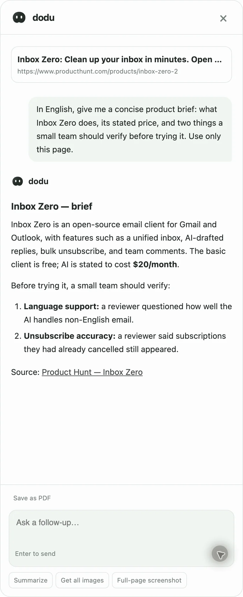 The complete dodu browser with a floating AI answer beside a Product Hunt page