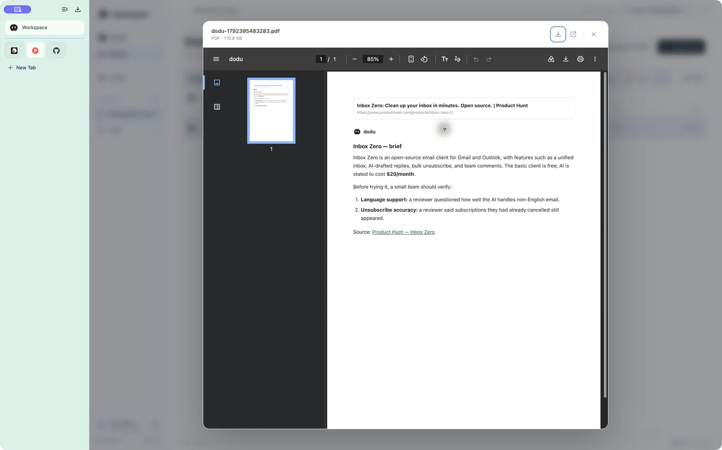 A saved research PDF open in the real dodu SPACE preview